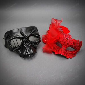 Mardi Gras Skull and Lace Masquerade Halloween Party mask Black Red